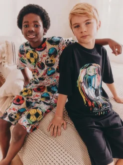 Zwart/ Felkleurige voetbal met meerdere kleuren - Set van 2 pyjama's met short (3-16 jr)