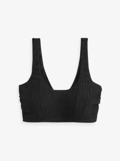 Zwart geribbeld - Halflange beugelbikinitop in cupmaat DD+
