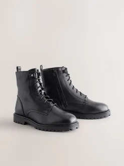 Zwart leer - Forever Comfort® veterlaarzen met vierkante neus