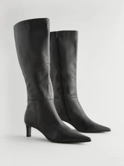 Zwart leer - Kniehoge Skinny Boots met Hak