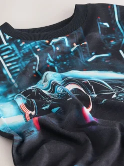 Zwart met auto - T-shirt met normale pasvorm, korte mouwen en all-over print (3-16jr)