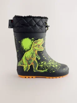 Zwart met dinosaurus - Warme gevoerde regenlaarzen met rand