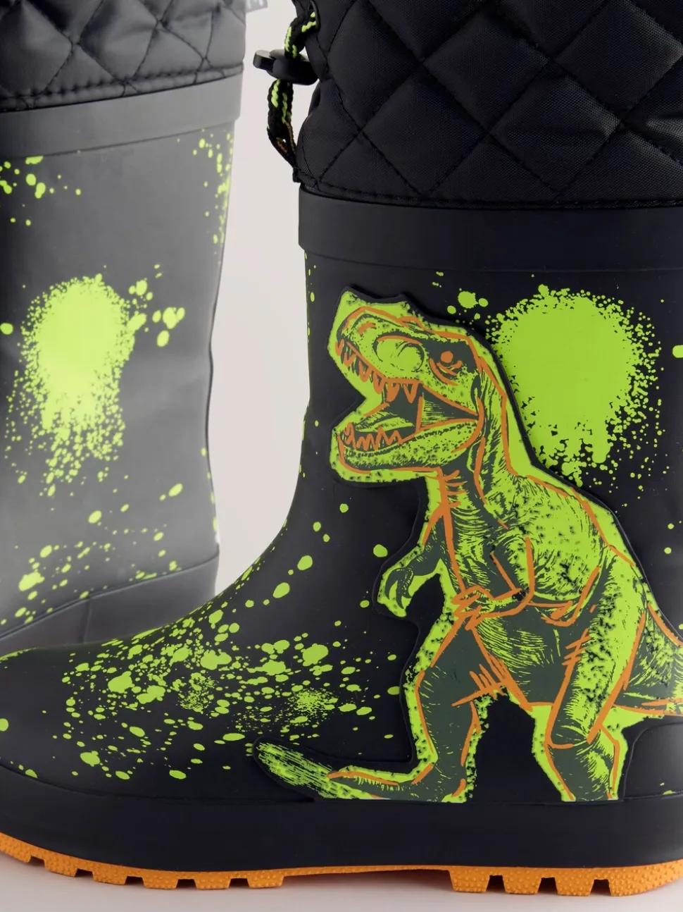 Zwart met dinosaurus - Warme gevoerde regenlaarzen met rand
