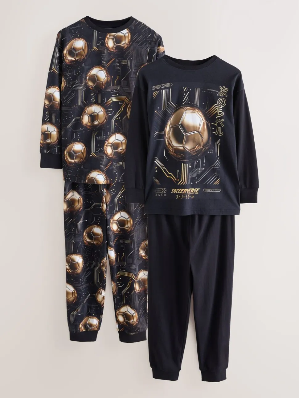 Zwart met goudkleurige voetbal - Verpakking van 2 pyjama's met lange mouwen (3-16 jr)