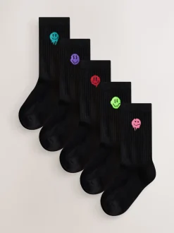 Zwart met smiley - Sport Rib Socks 5 Pack