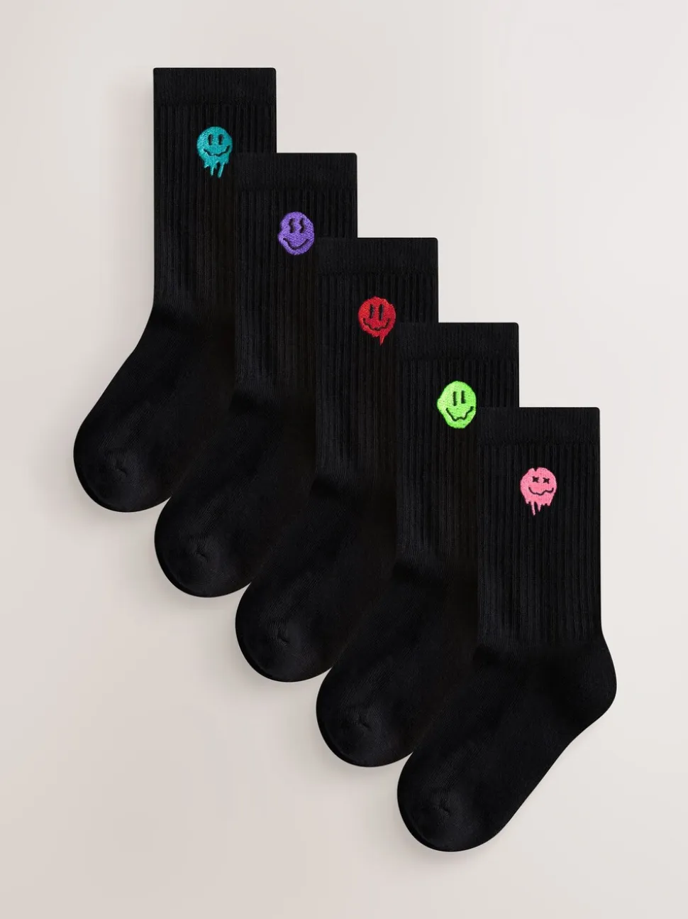 Zwart met smiley - Sport Rib Socks 5 Pack