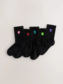 Zwart met smiley - Sport Rib Socks 5 Pack