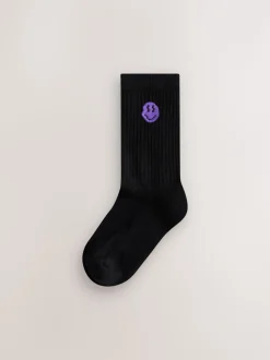 Zwart met smiley - Sport Rib Socks 5 Pack