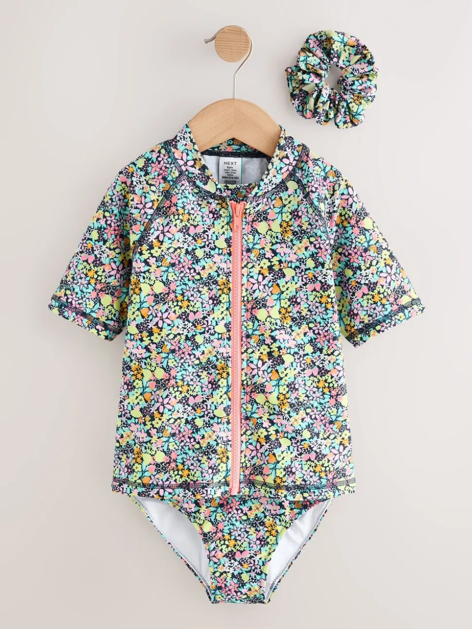 Zwart met vrolijke bloemenprint - Sunsafe Rash Vest Bikini And Scrunchie Swim Set (3-16yrs)