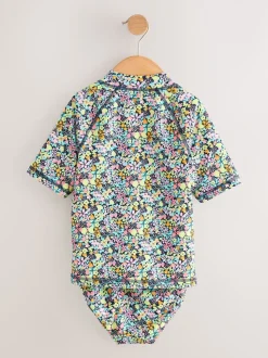 Zwart met vrolijke bloemenprint - Sunsafe Rash Vest Bikini And Scrunchie Swim Set (3-16yrs)
