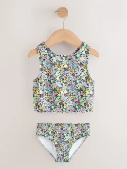 Zwart met vrolijke bloemenprint - Sunsafe Rash Vest Bikini And Scrunchie Swim Set (3-16yrs)