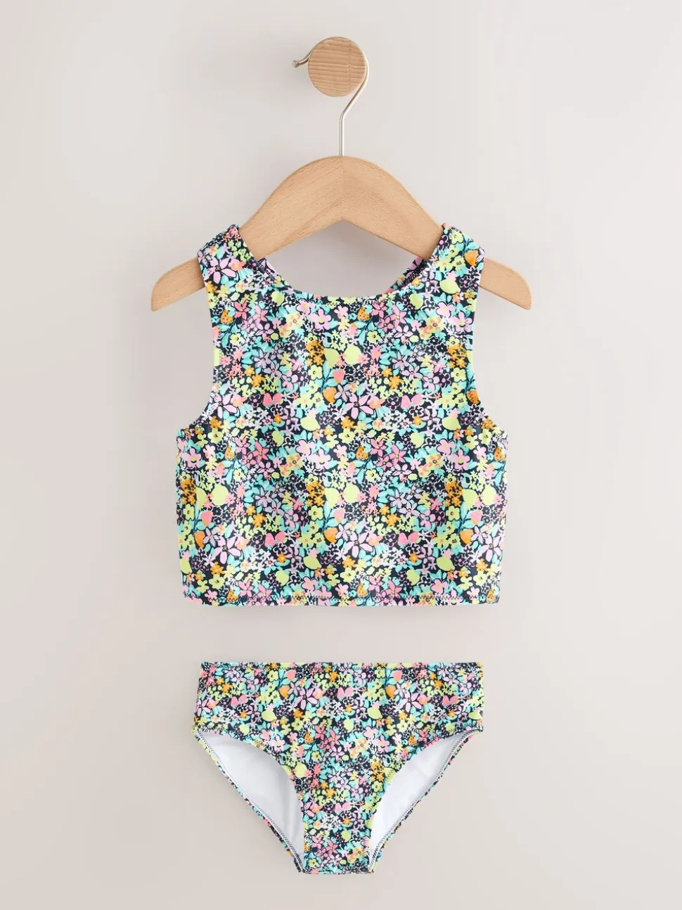 Zwart met vrolijke bloemenprint - Sunsafe Rash Vest Bikini And Scrunchie Swim Set (3-16yrs)