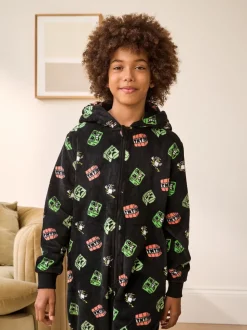Zwart Minecraft - Fleece onesie met licentie (4-16jr)