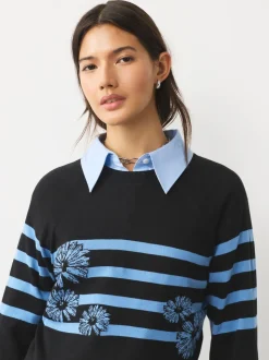Zwart/blauw gestreept met bloemenprint - Soft Touch Ronde hals Katoen Rijke Trui