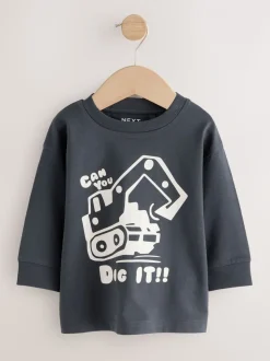 Zwart/bruin met graafmachine - Set van 3 T-shirts met grafische print en lange mouwen (3mnd-7jr)