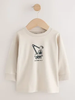 Zwart/bruin met graafmachine - Set van 3 T-shirts met grafische print en lange mouwen (3mnd-7jr)