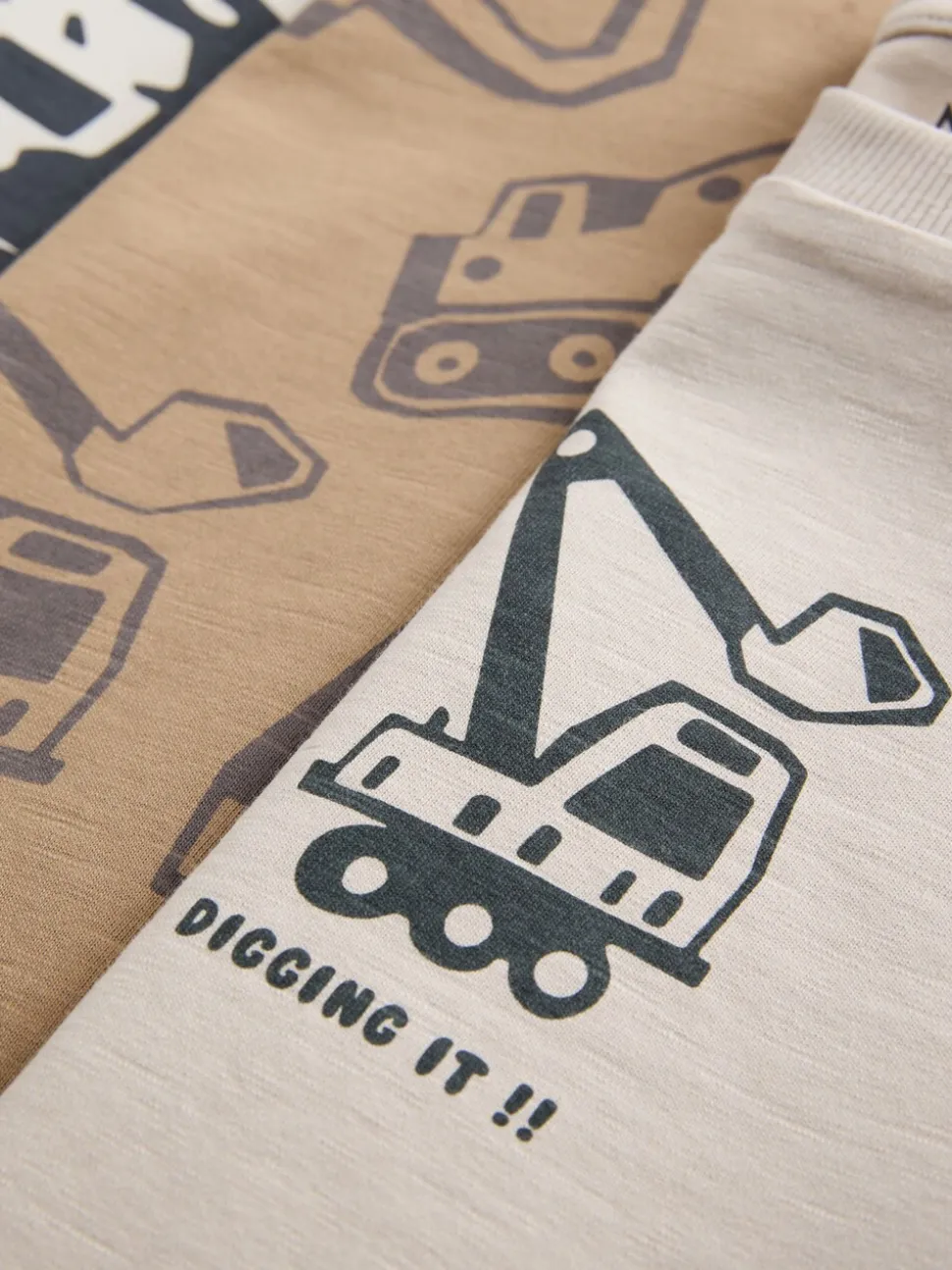 Zwart/bruin met graafmachine - Set van 3 T-shirts met grafische print en lange mouwen (3mnd-7jr)