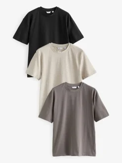 Zwart/Bruin/Licht Naturel - Relaxed fit - Verpakking van 3 T-shirts van zware stof
