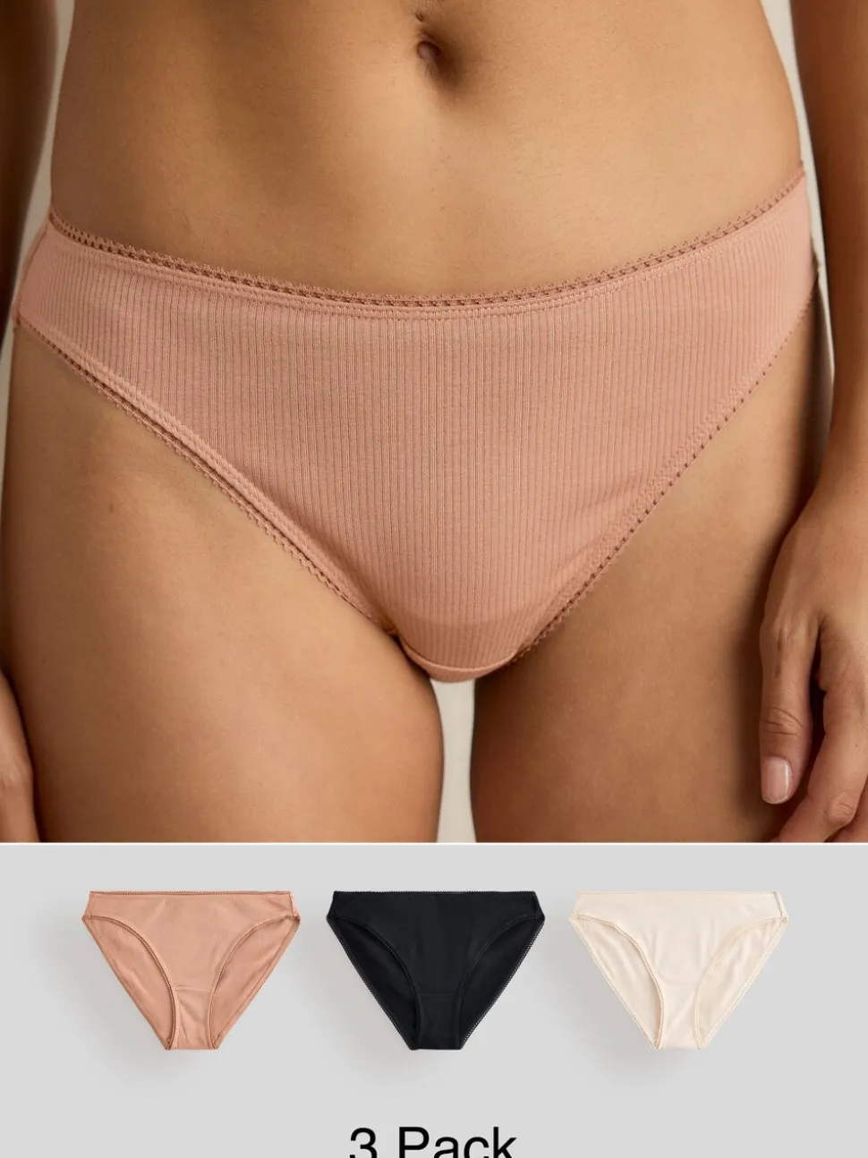 Zwart/caramel Huidskleur/praline Huidskleur - Verpakking van 3 geribbelde katoenen slips
