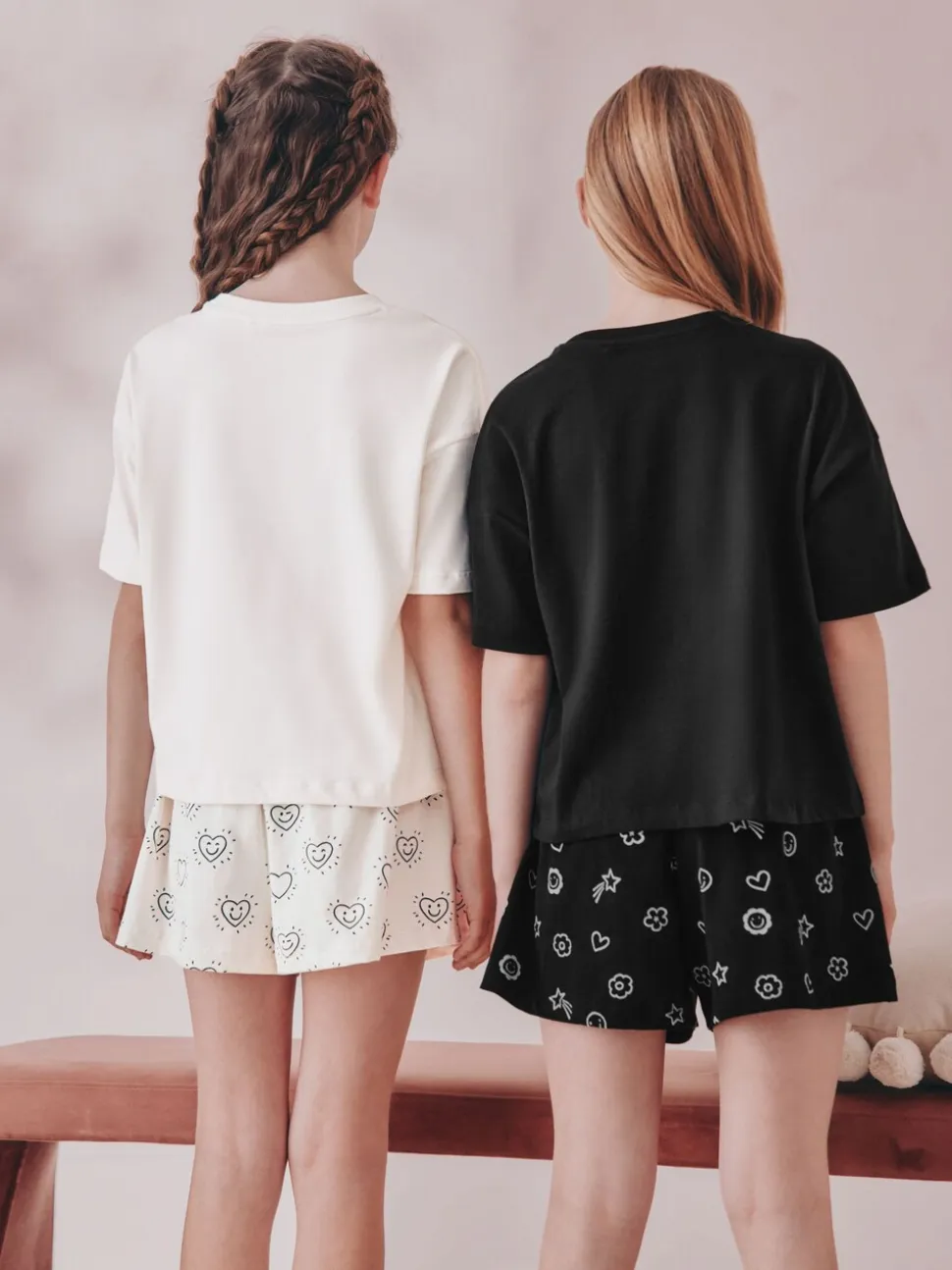 Zwart/ecru - Set van 2 pyjama's met short (3-16 jr)