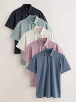 Zwart/Ecru/Blauw/Groen/Roze - Normale Pasvorm - Set van 5 jersey poloshirts met korte mouwen