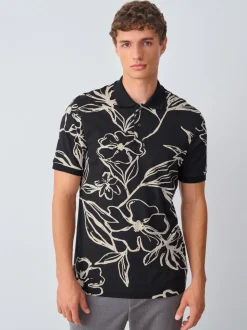 Zwartgoud met bloemenprint - Poloshirt met korte mouwen en print