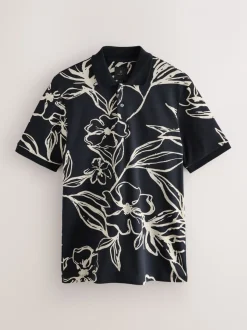 Zwartgoud met bloemenprint - Poloshirt met korte mouwen en print