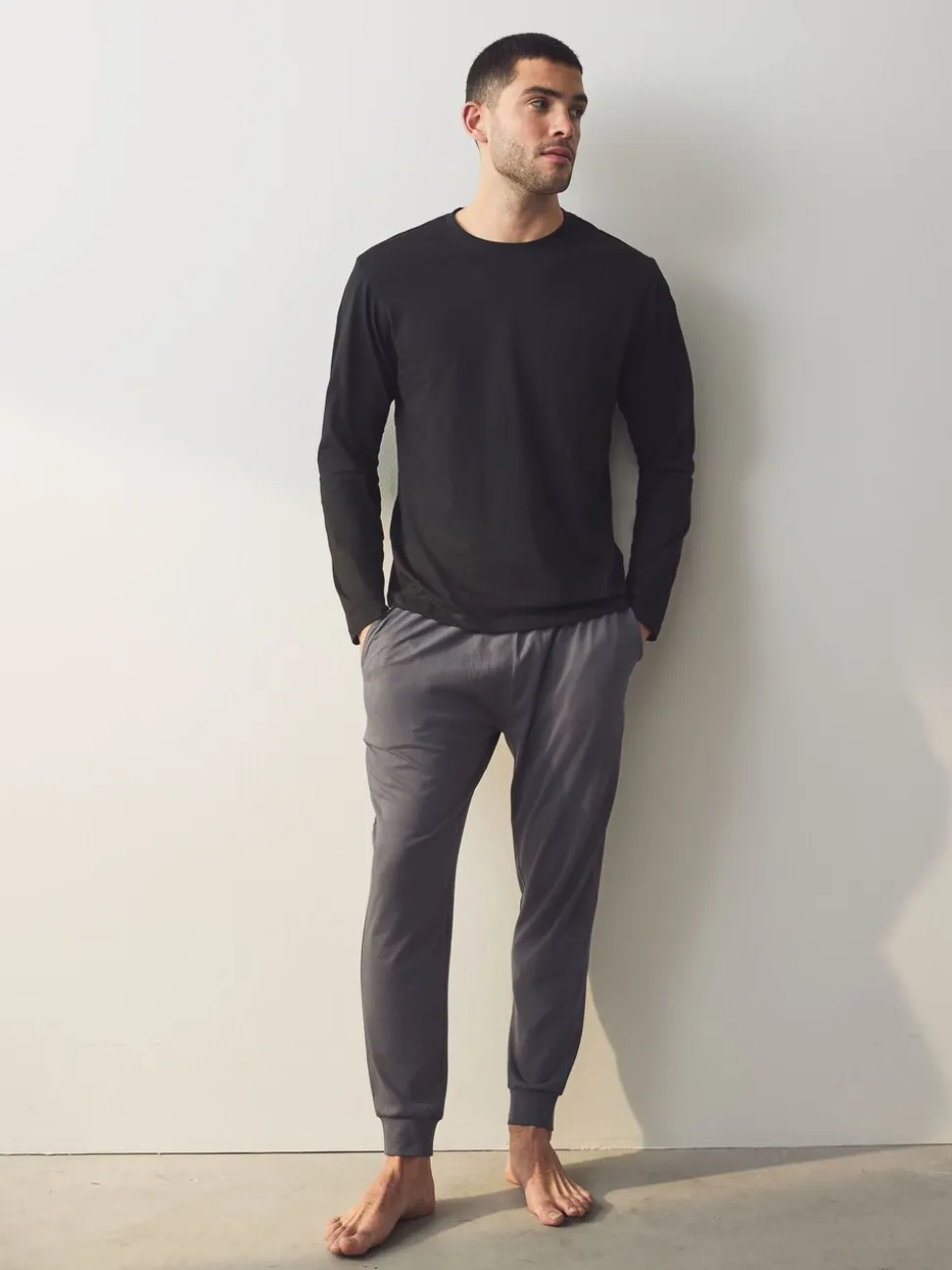 Zwart/grijs - Long Sleeve Cuffed 100% Cotton Pyjamas