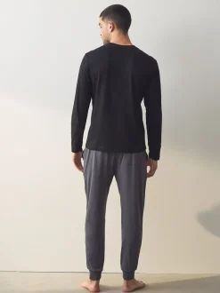Zwart/grijs - Long Sleeve Cuffed 100% Cotton Pyjamas