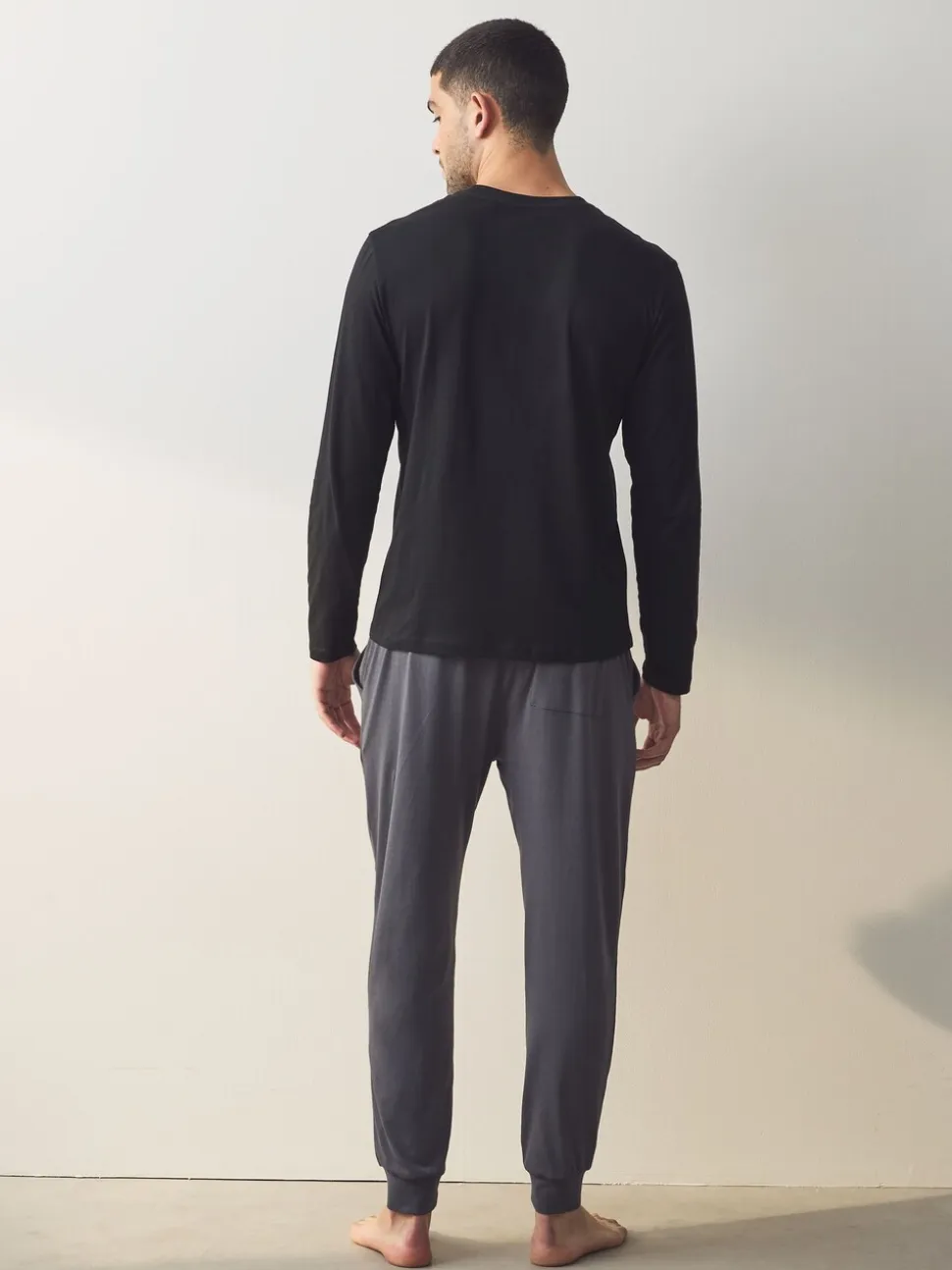 Zwart/grijs - Long Sleeve Cuffed 100% Cotton Pyjamas