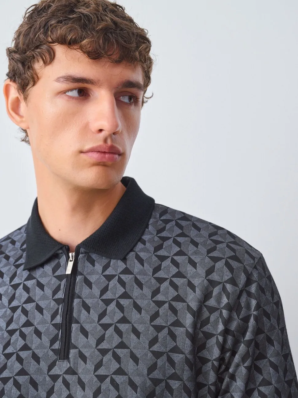 Zwart/grijs Geo - Pattern Quarter Zip Polo Shirt