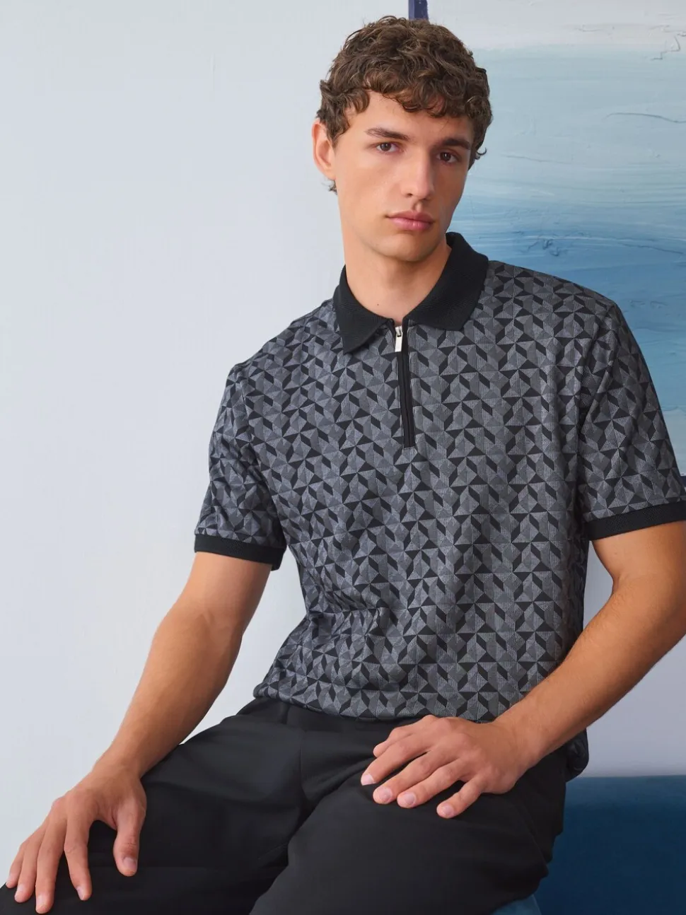 Zwart/grijs Geo - Pattern Quarter Zip Polo Shirt
