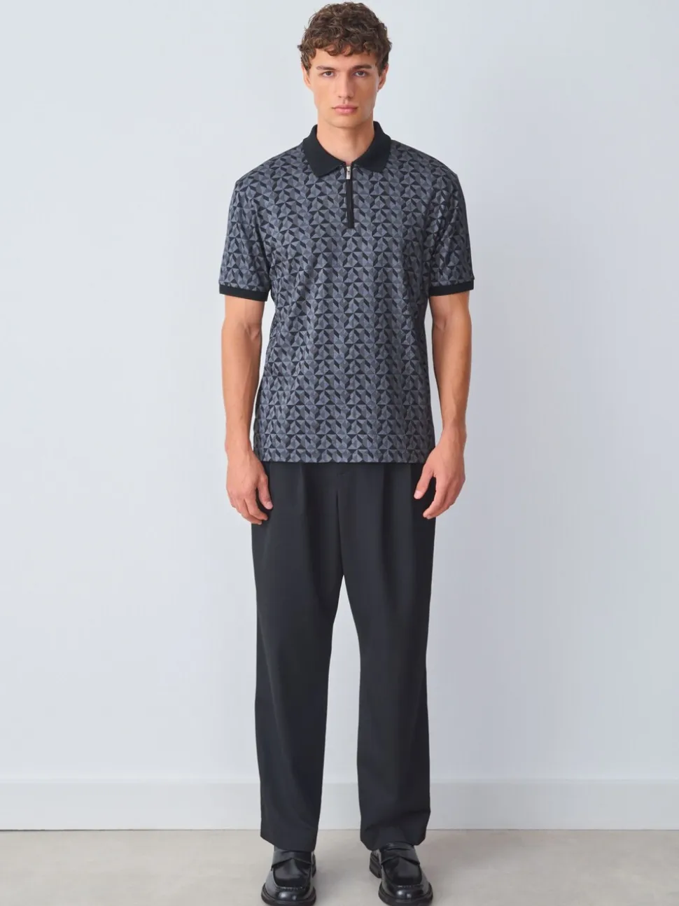 Zwart/grijs Geo - Pattern Quarter Zip Polo Shirt