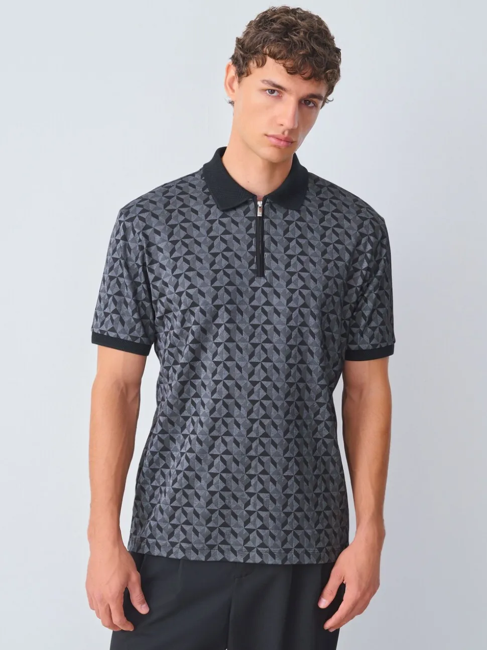Zwart/grijs Geo - Pattern Quarter Zip Polo Shirt