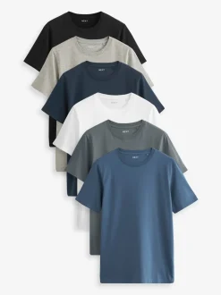 Zwart/leisteen/grijs gemêleerd/wit/marineblauw/blauw - Slim Fit - Essential katoenen T-shirts verpakking van 6