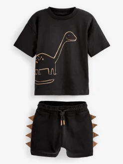 Zwart/lichtbruine dinosaurus - Set van 2 T-shirts met korte mouwen en shorts (3 mnd - 7 jr) (3 mnd - 7 jr)