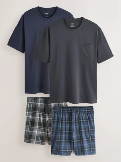 Zwart/marineblauw - Check Short Sleeve Jersey Pyjamas Set 2 Pack