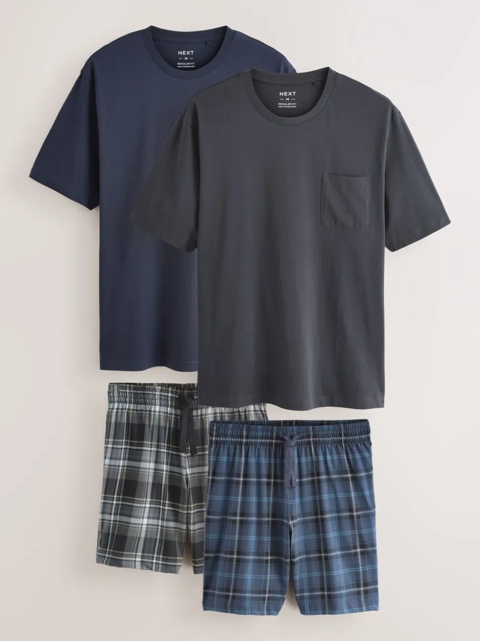 Zwart/marineblauw - Check Short Sleeve Jersey Pyjamas Set 2 Pack