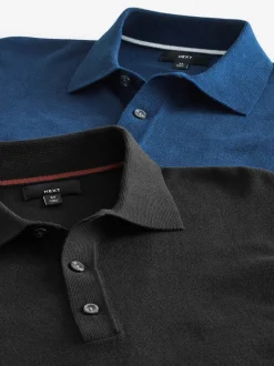Zwart/marineblauw - Gebreide poloshirts met lange mouwen 2 -pack