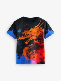 Zwart/Oranje draak - T-shirt met normale pasvorm, korte mouwen en all-over print (3-16jr)