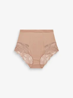 Zwart/praline huidskleur - Verpakking van 2 Braziliaanse slipjes met kanten achterkant en buikcorrigerend effect en print