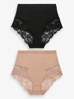 Zwart/praline huidskleur - Verpakking van 2 Braziliaanse slipjes met kanten achterkant en buikcorrigerend effect en print