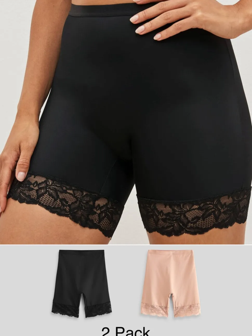 Zwart/praline huidskleur - 2 Licht vormgevende buikcorrigerende shorts met kanten achterkant