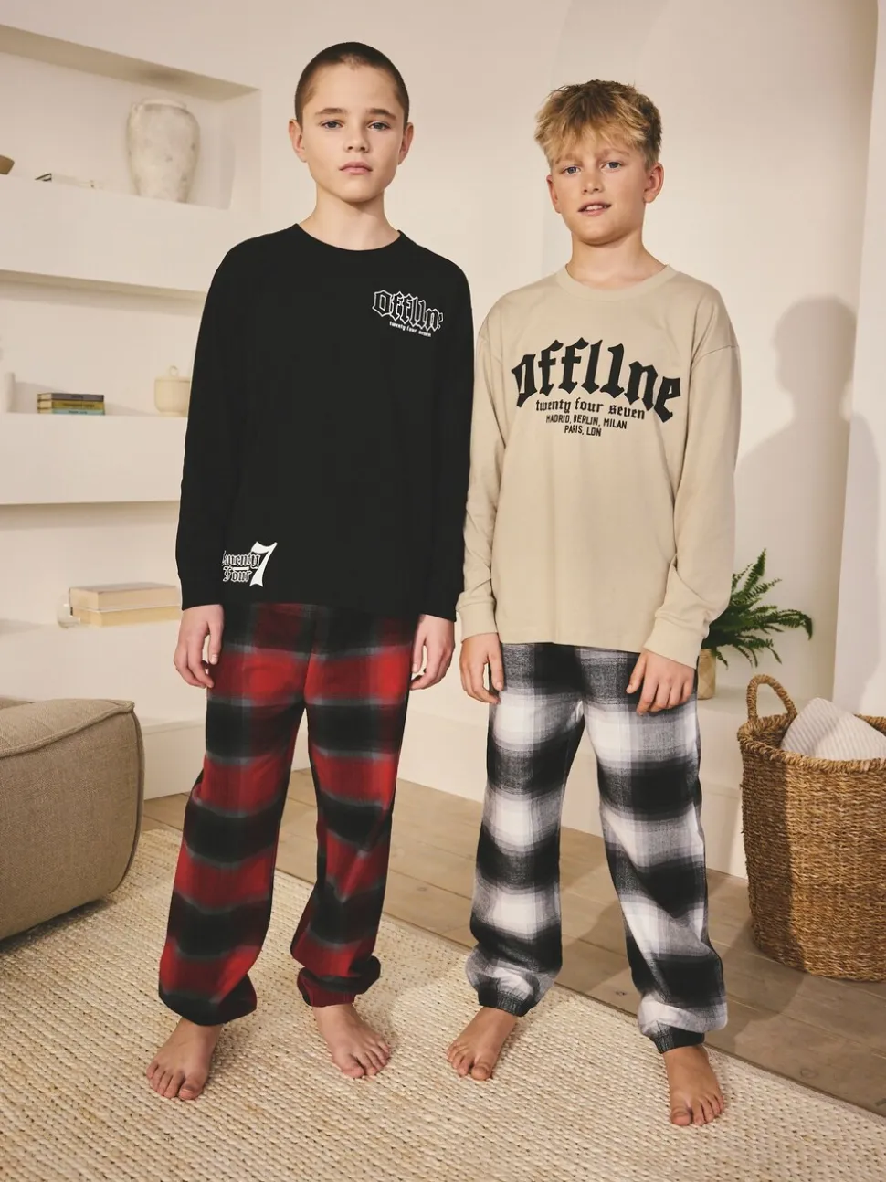 Zwart/Rood/kiezelkleurig Offline - Set van 2 geweven geruite pyjama's met lange mouwen (3-16jr)