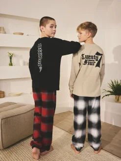 Zwart/Rood/kiezelkleurig Offline - Set van 2 geweven geruite pyjama's met lange mouwen (3-16jr)