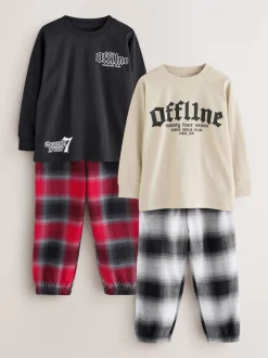 Zwart/Rood/kiezelkleurig Offline - Set van 2 geweven geruite pyjama's met lange mouwen (3-16jr)