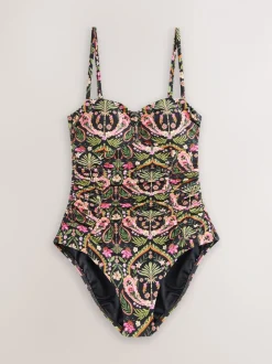 Zwart/Roze paisley - Vormgevend bandeaubadpak met buikcorrectie