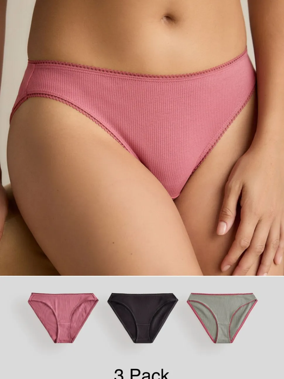 Zwart/roze/olijfgroen - Verpakking van 3 geribbelde katoenen slips