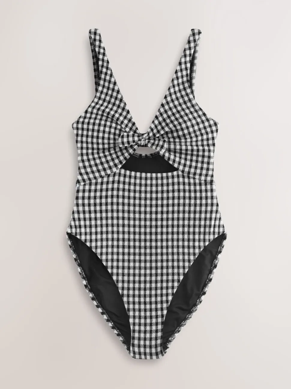 Zwart/wit gekreukte gingham-ruit - Uitgesneden plooi buik controle Zwempak