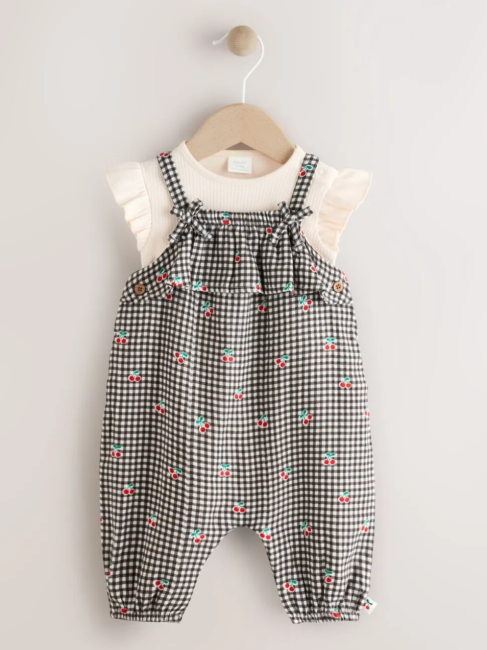Zwart/wit geruite kers - Babyset van rompertje met korte mouwen en tuinbroek (0mnd -2jr)